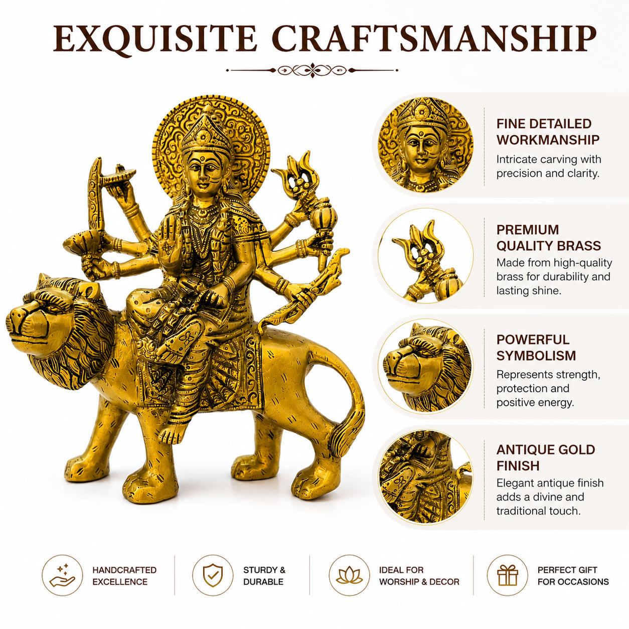 Brass Durga Ji Sitting on Lion - exquisite craftsmanship details