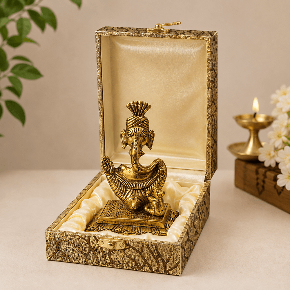 Gold Plated Metal Handicraft Lord Ganesha Idol with Pagdi