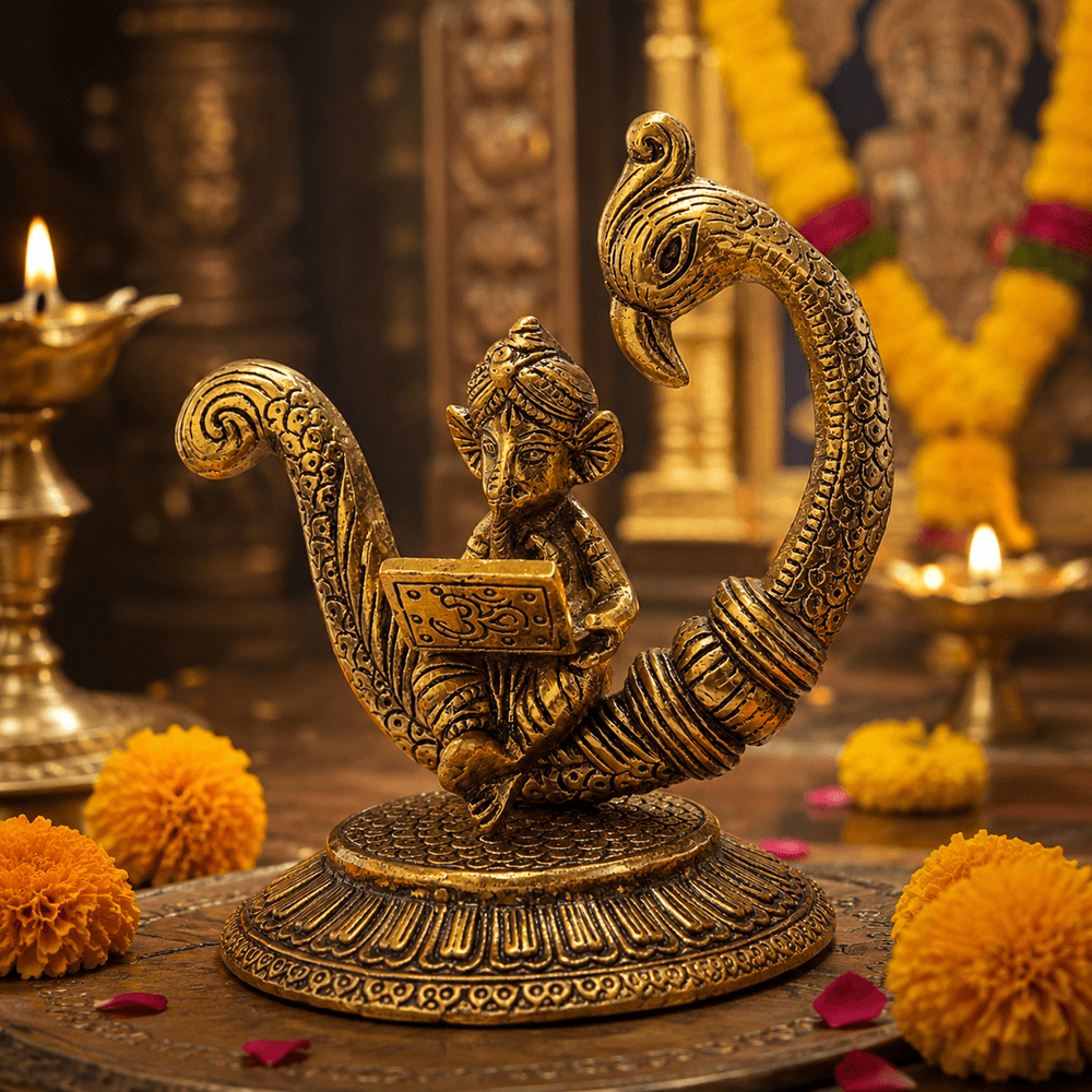 Metal Lord Ganesha Peacock statue - studio shot