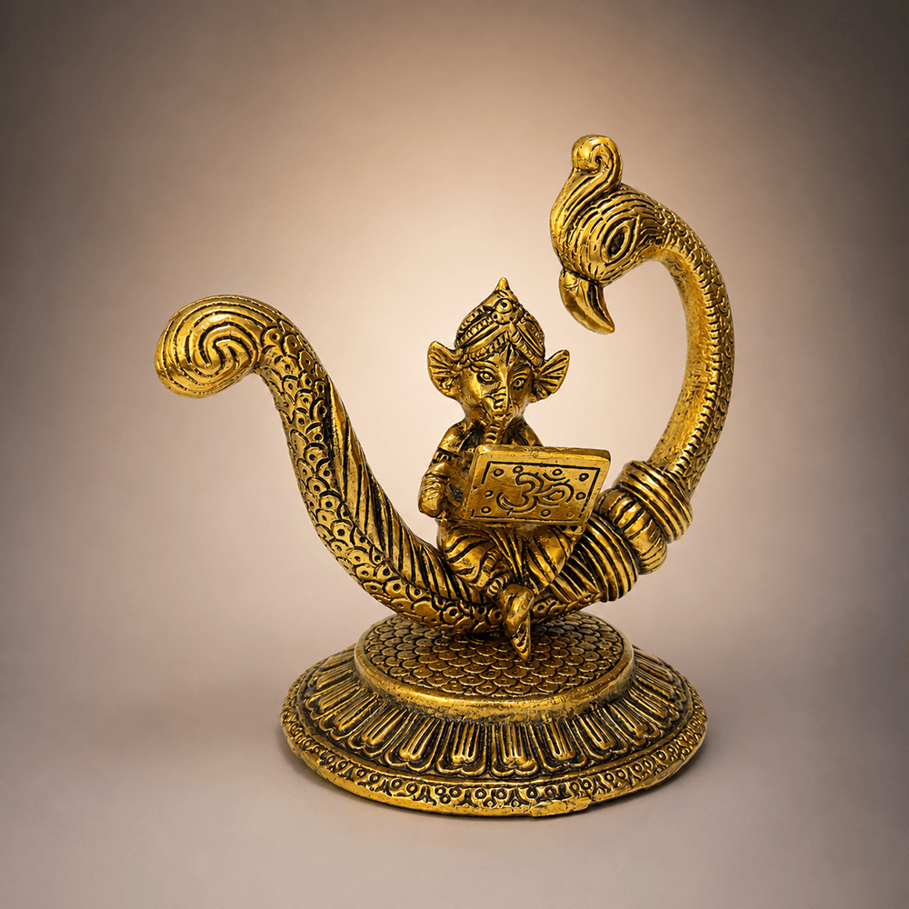 Metal Lord Ganesha Reading Ramayana Statue Seated On Peacock - dimensions infographic