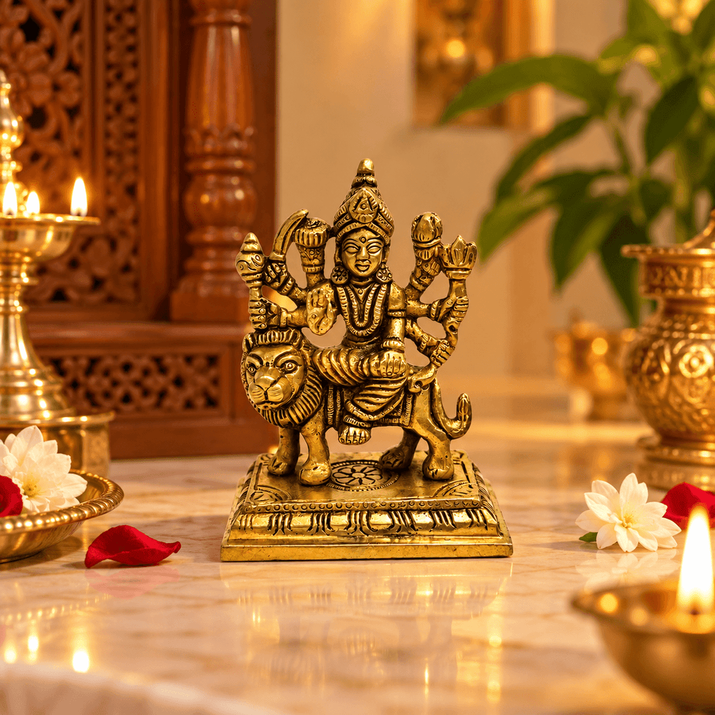 Brass Maa Durga Idol Antique Murti for Navratri Puja 4.1 inch