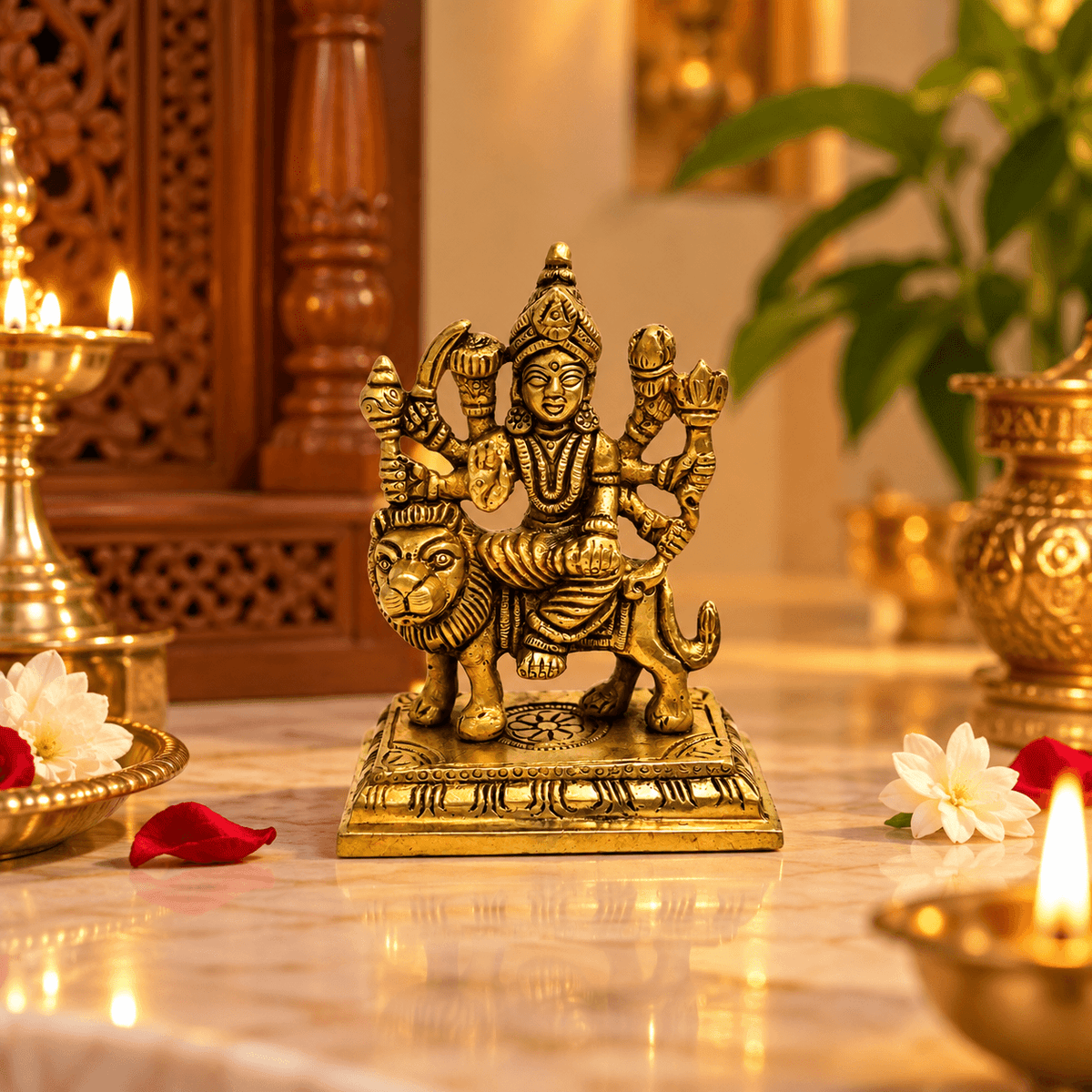 Brass Maa Durga Idol Antique Murti for Navratri Puja 4.1 inch