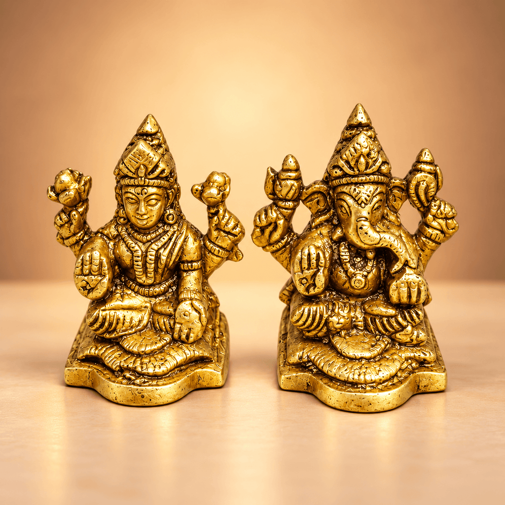 Brass Small Ganesh and Lakshmi Religious Idols - 1.9 Inch
