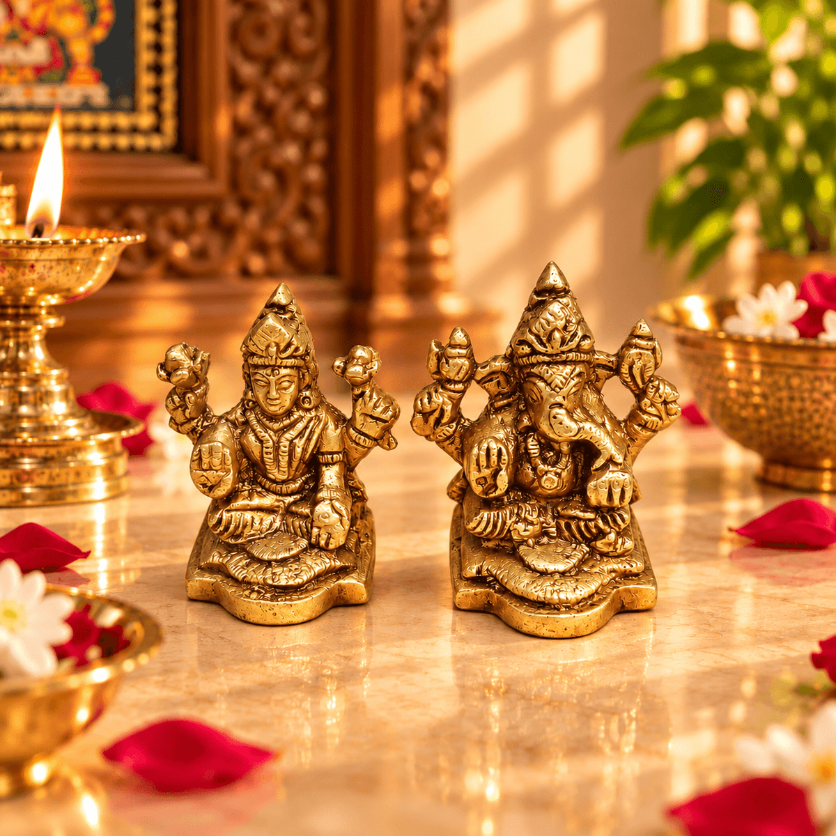 Brass Small Ganesh and Lakshmi Religious Idols - 1.9 Inch