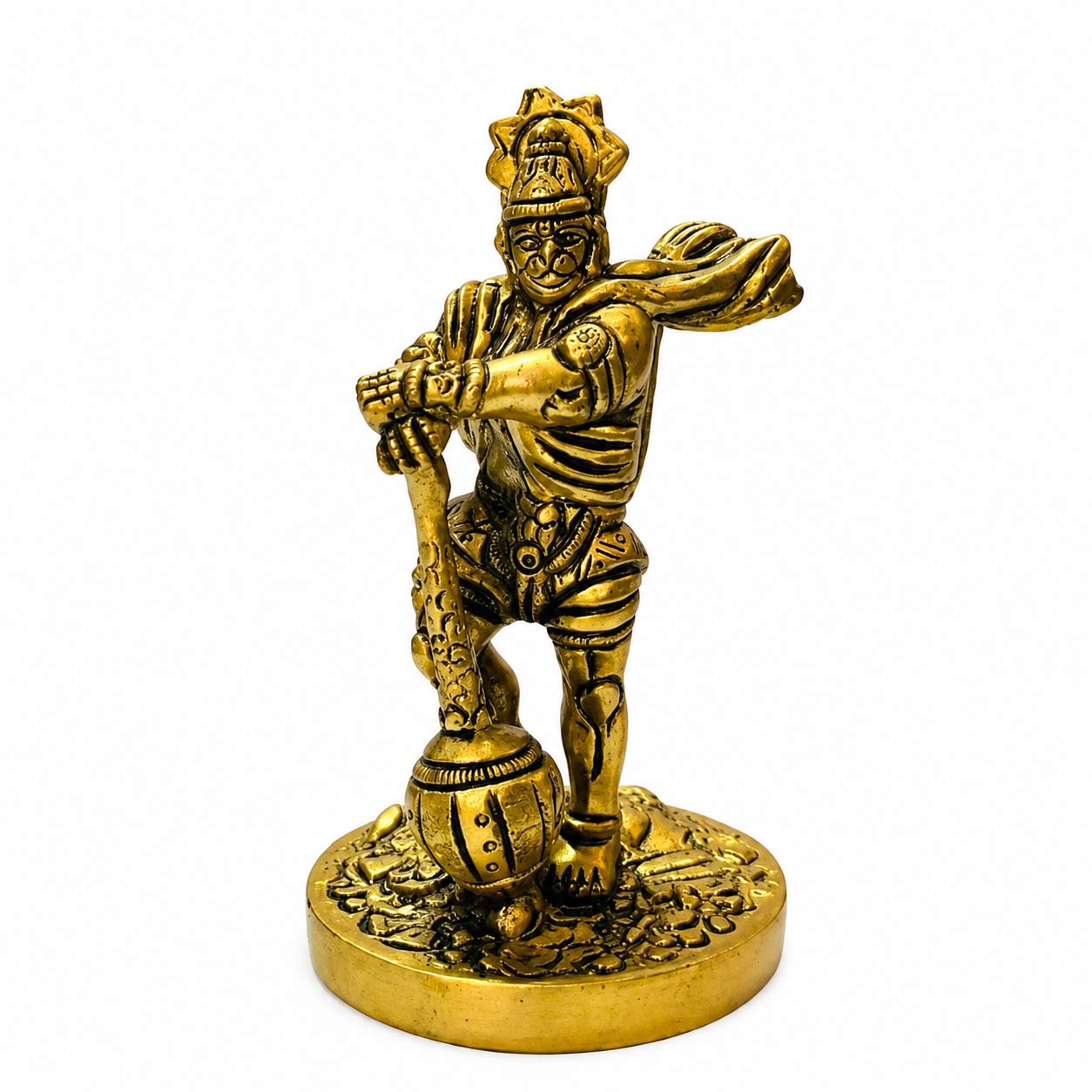 Hanuman Standing Round Base Brass Idol - 10 cm