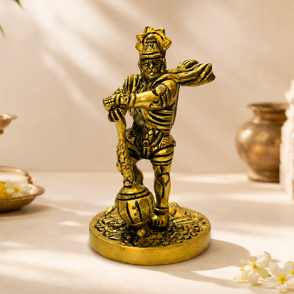 Hanuman Standing Round Base Brass Idol - 10 cm