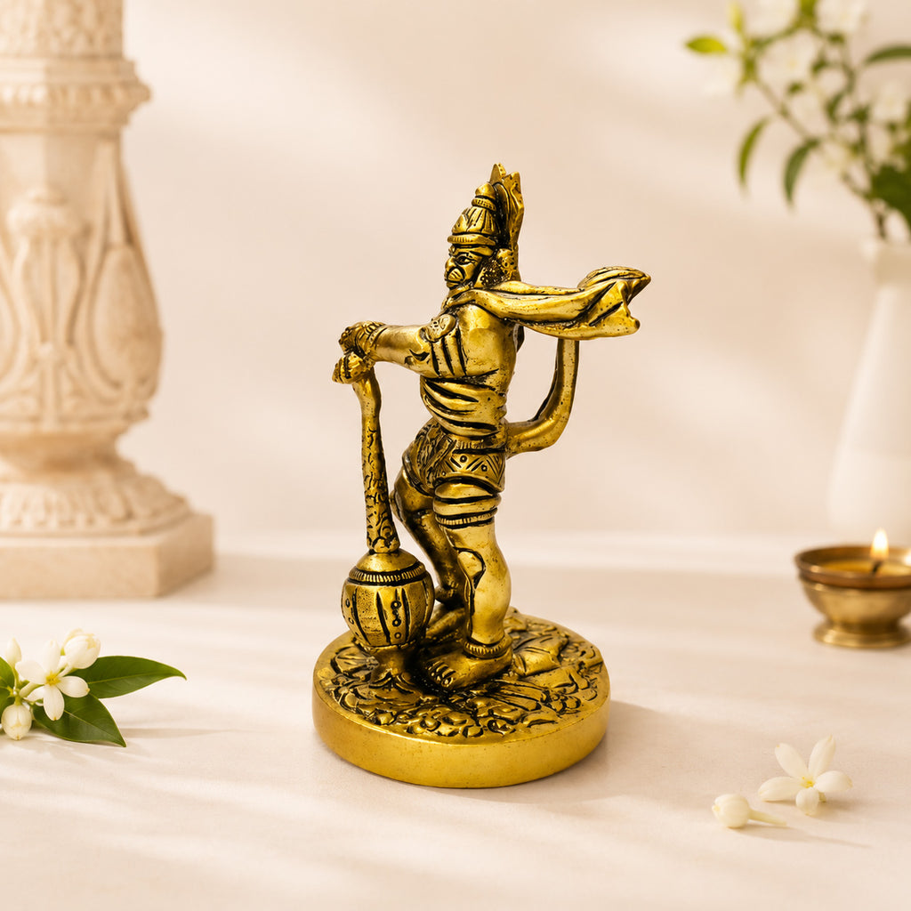 Hanuman Standing Round Base Brass Idol - 10 cm