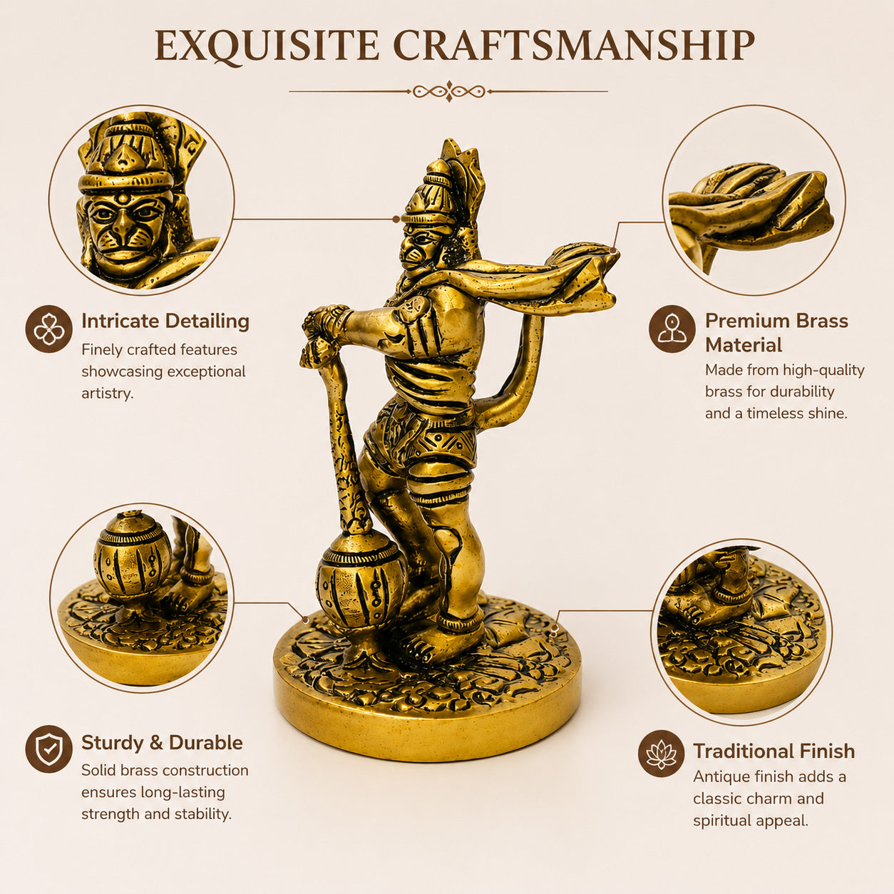 Hanuman Standing Round Base Brass Idol - 10 cm