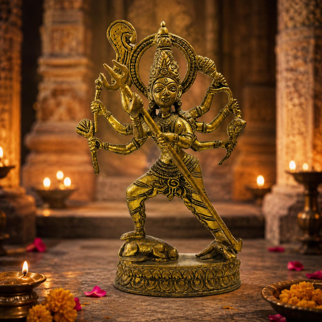 Brass Kali Mata Idol with 8 Arms - plain background front view