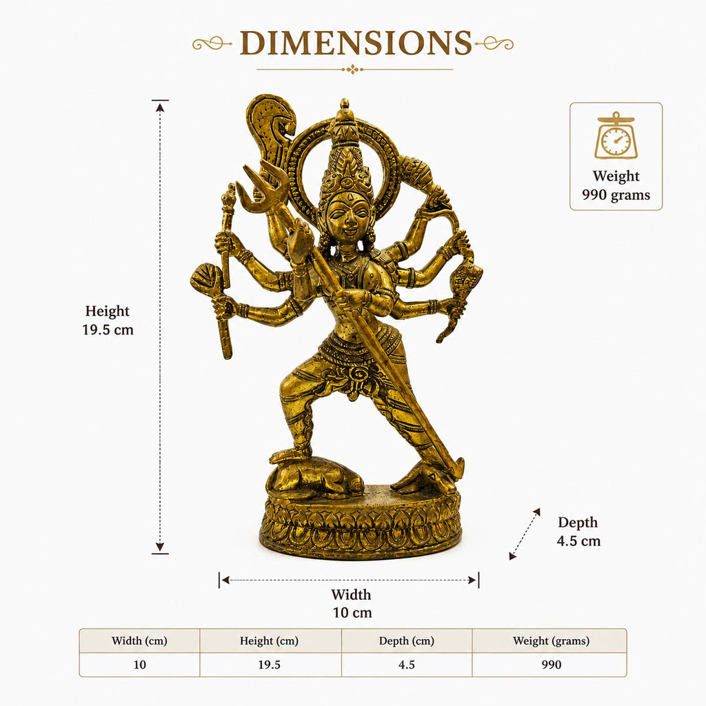 Brass Kali Mata Idol features - intricate facial details, symbolic arms, masterful craftsmanship