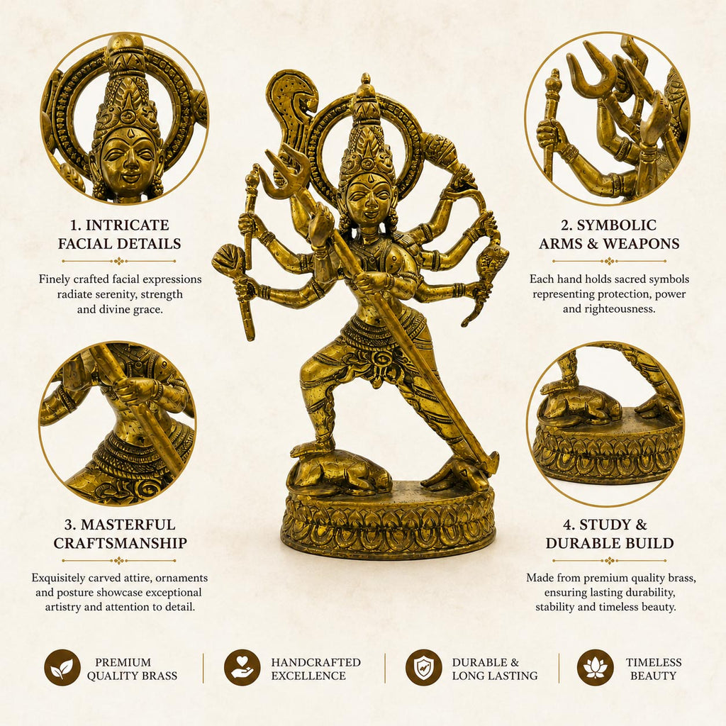 Brass Kali Mata Idol with 8 Arms - white background side view