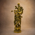 Brass Krishna Standing Murti with Flute - Puja Room Setting