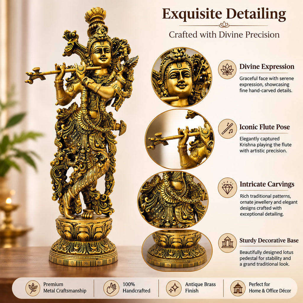 Brass Krishna Standing Murti - Studio Shot