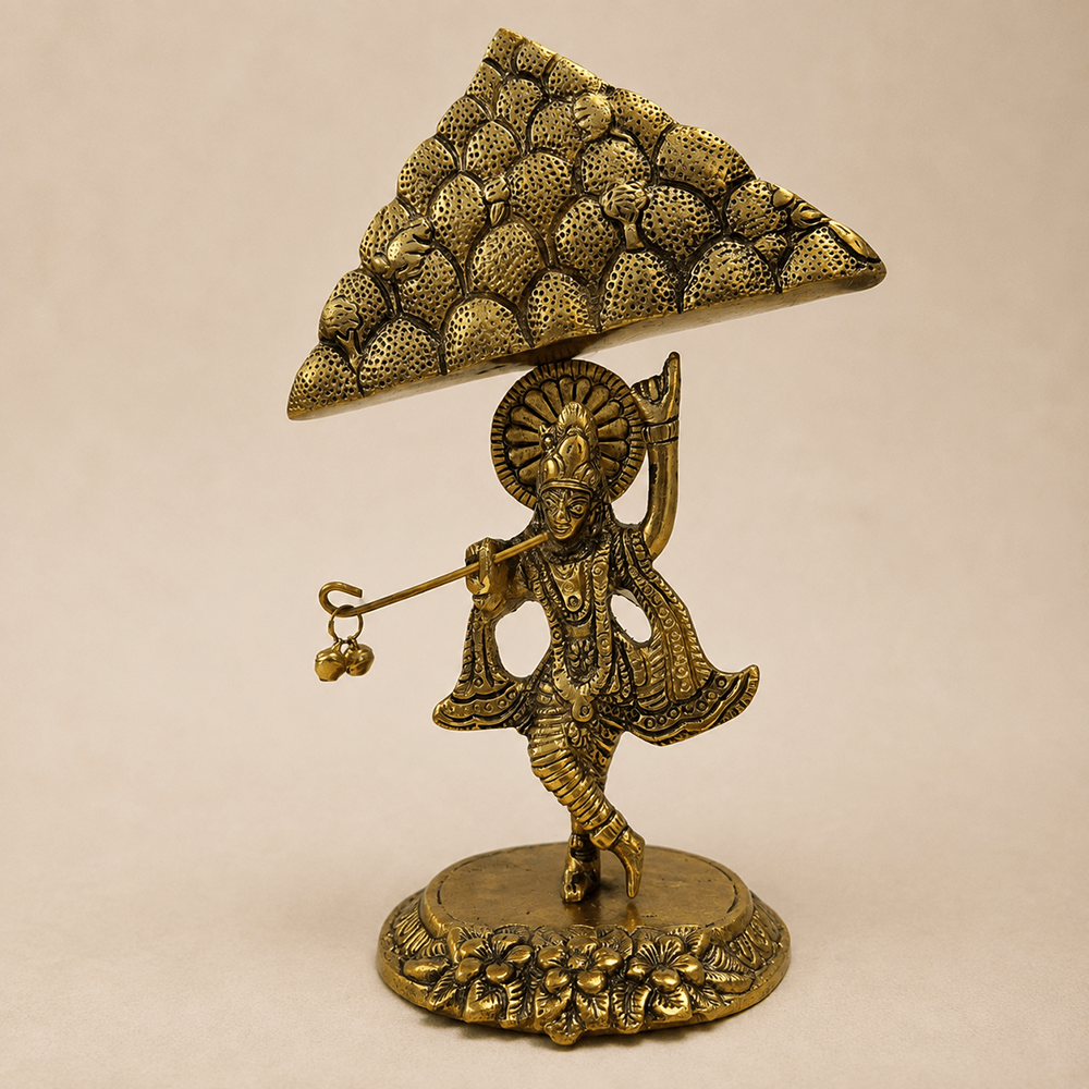Oxidized Metal Krishna Idol with Goverdhan Parvat - Plain Background