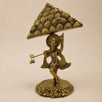 Oxidized Metal Krishna Idol with Goverdhan Parvat - Plain Background