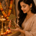 Krishna Goverdhan Idol in Pooja Setting with Diyas
