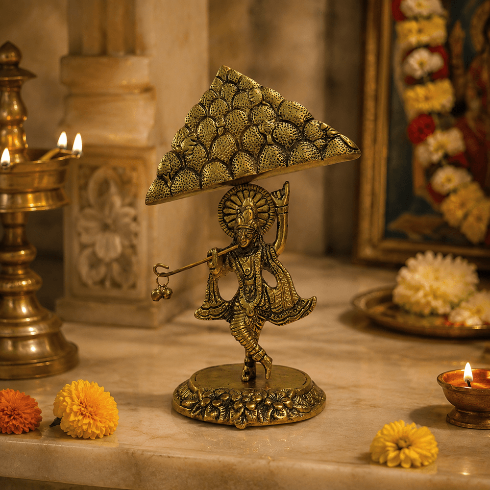 Krishna Goverdhan Idol - Lifestyle Shot with Devotee