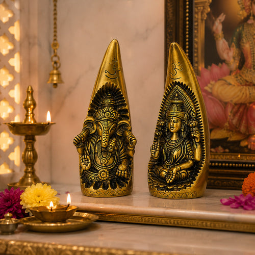 Brass Ganesh & Lakshmi Idol Set — feature callouts