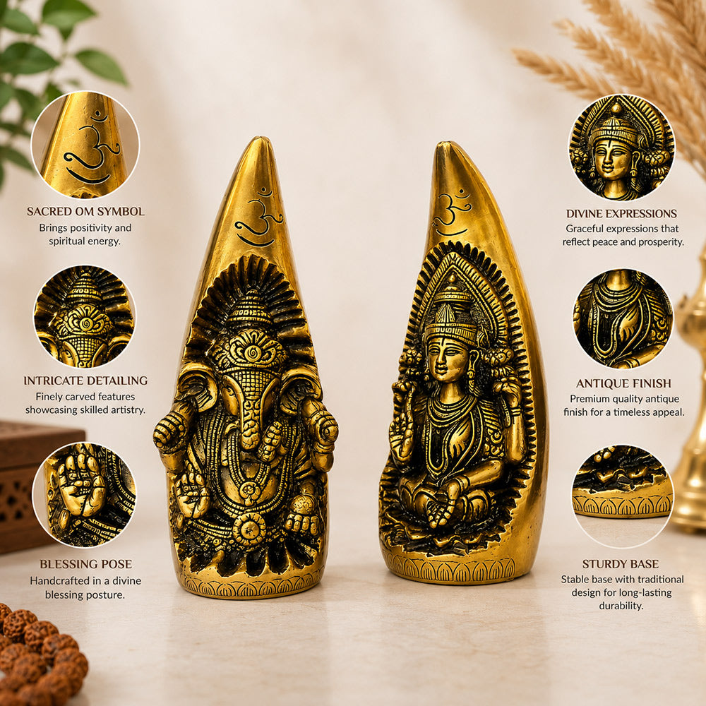 Brass Ganesh & Lakshmi Idol Set in Om Cone — lifestyle shot with diyas