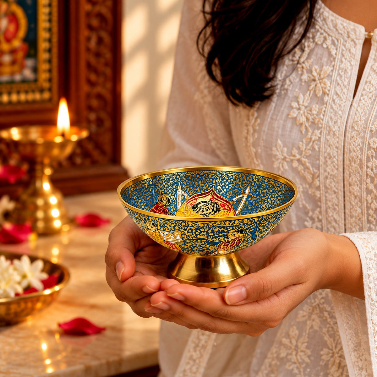 Brass Blue Elephant Print Decorative Bowl 2.3 inch