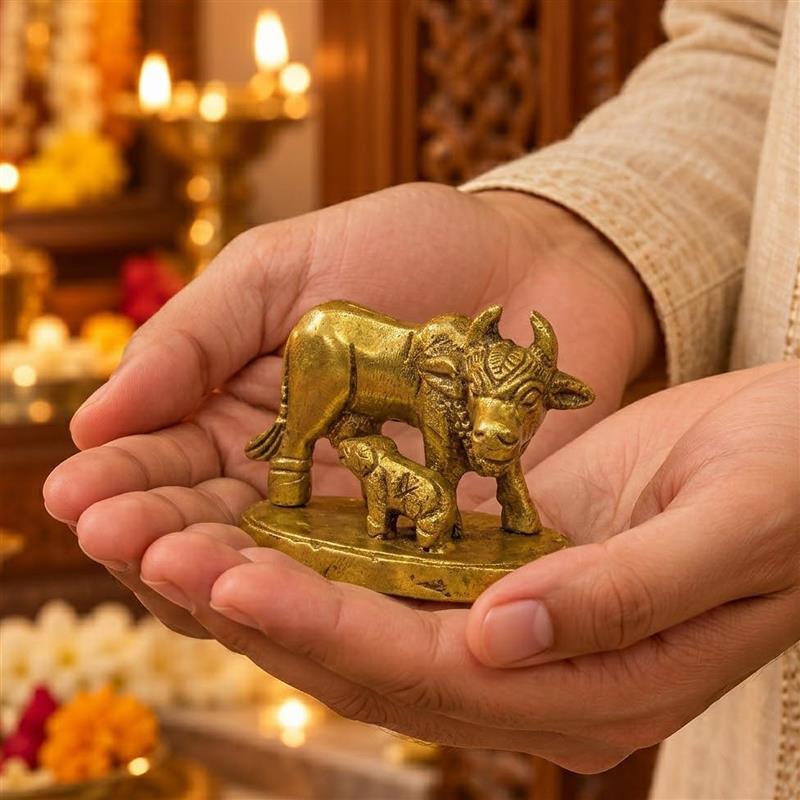 Pure Supar Fine Brass Kamdhenu Cow with Calf Vastu Idol 1.1 inch