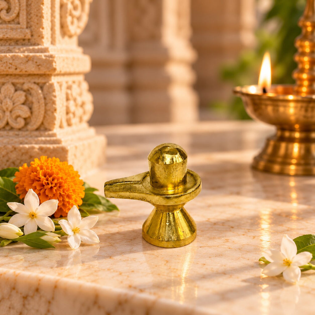 Brass Shivling placed on a marble altar with marigold and jasmine flowers near a lit brass diya