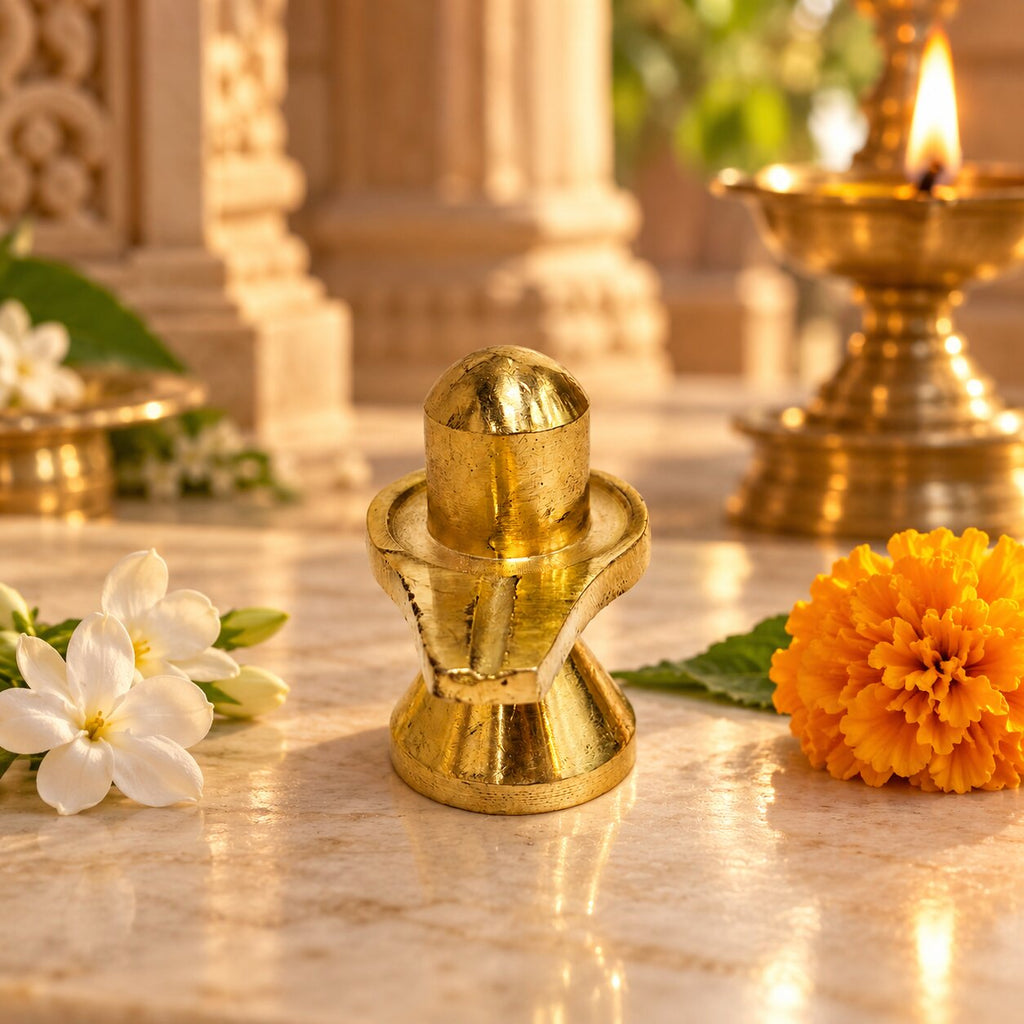 A woman in a maroon saree holding the small brass Shivling in her palms