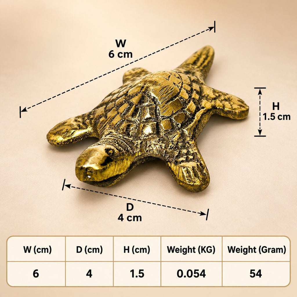 Size chart for brass tortoise: width 6 cm, depth 4 cm, height 1.5 cm, weight 54 g