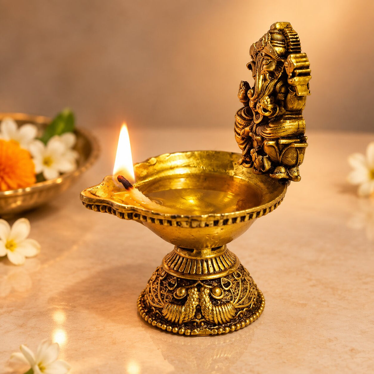 Brass Ganesh Diya for Puja Aarti 3.3 inch