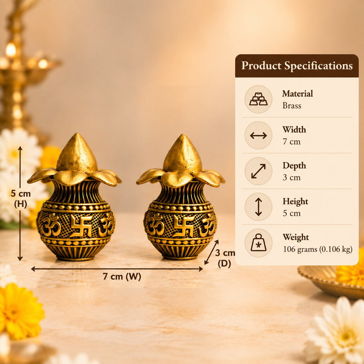 Brass Pair of Mangal Kalash with Coconut & Leaves 1.9 inch