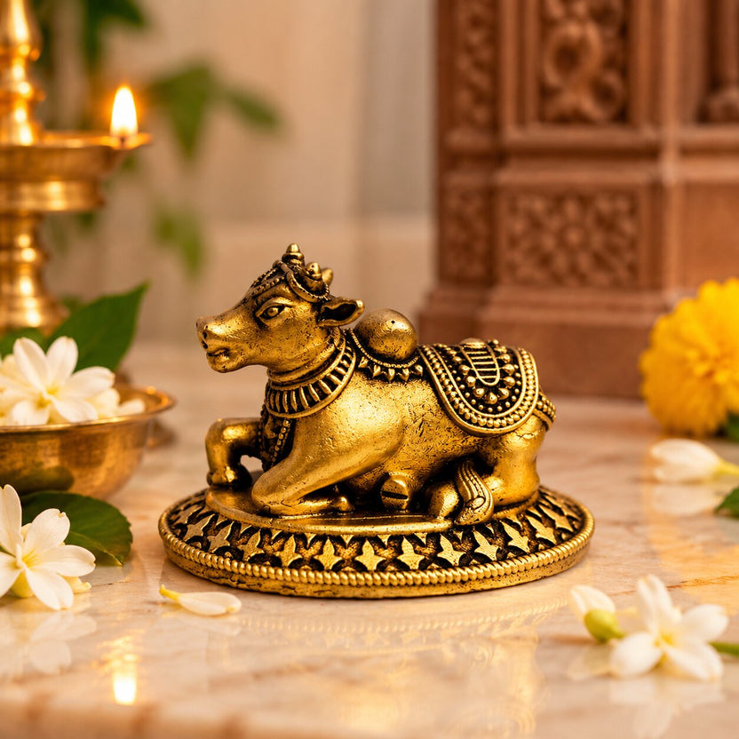 Antique Brass, Adiyogi Shiva & Nandi Statue 1.5" Idol for Pooja, Decor, Car Dashboard, Home and Office