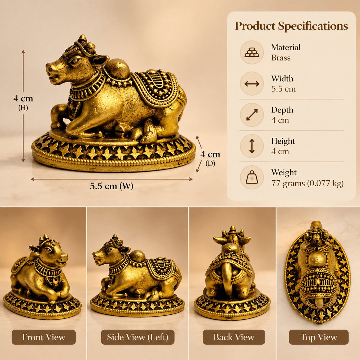 Antique Brass Finish, Sacred Nandi Statue for Shiva Pooja 1.5 inch
