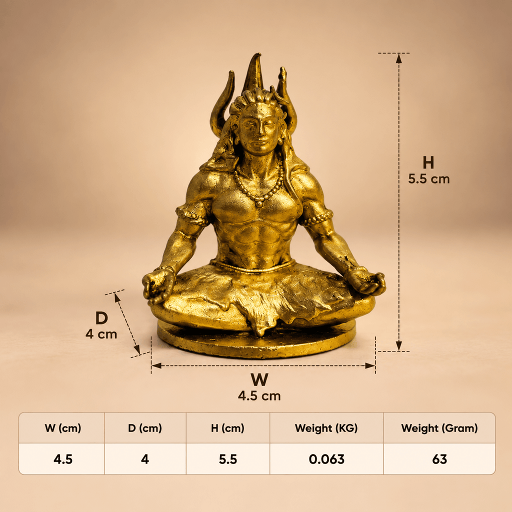 Adiyogi Shiva idol dimensions: 4.5 cm wide, 4 cm deep, 5.5 cm high, 63 g