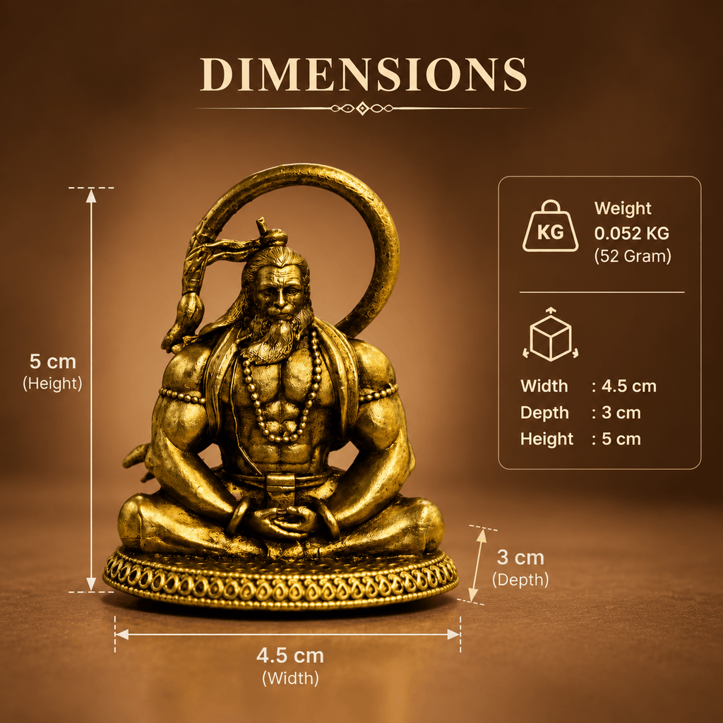 Hanuman Ji idol dimensions: 4.5 cm wide, 3 cm deep, 5 cm high, 52 g
