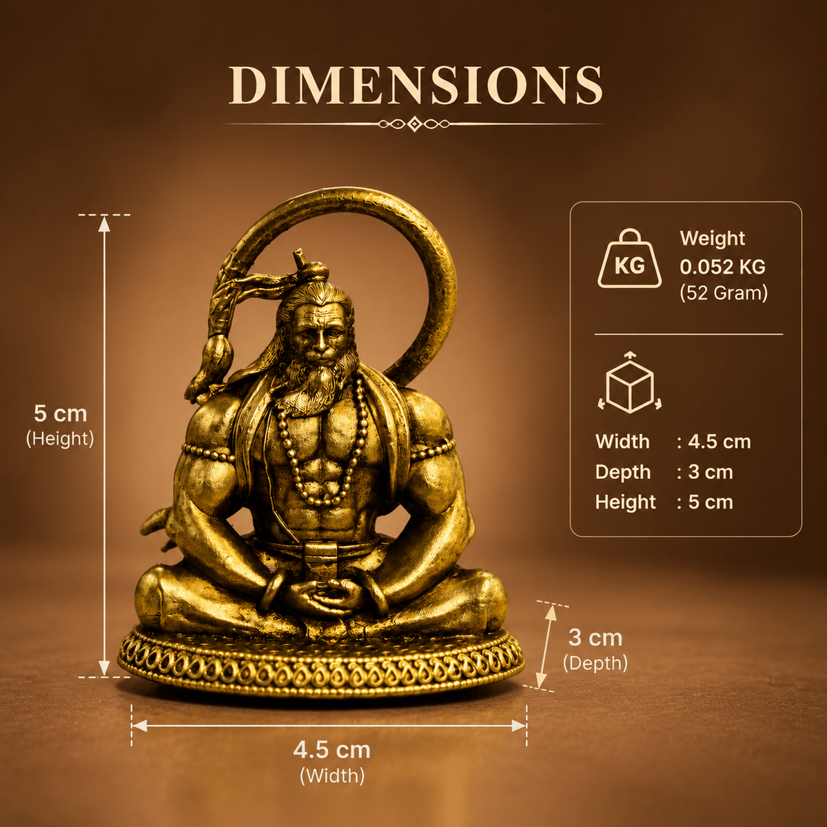 Hanuman Ji idol dimensions: 4.5 cm wide, 3 cm deep, 5 cm high, 52 g