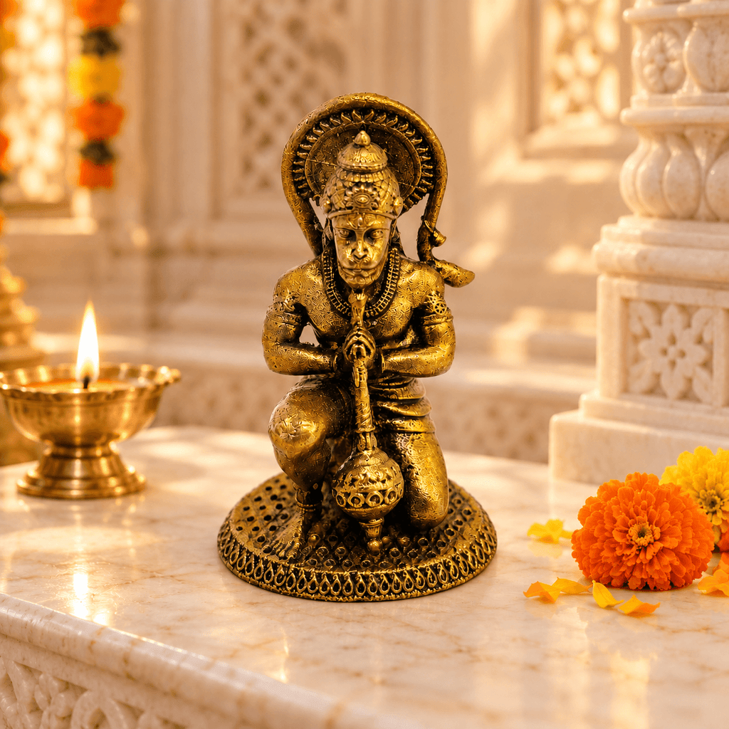 Brass Lord Hanuman (Bajrangbali) in Kneeling Posture Holding his Gada 1.9 inch