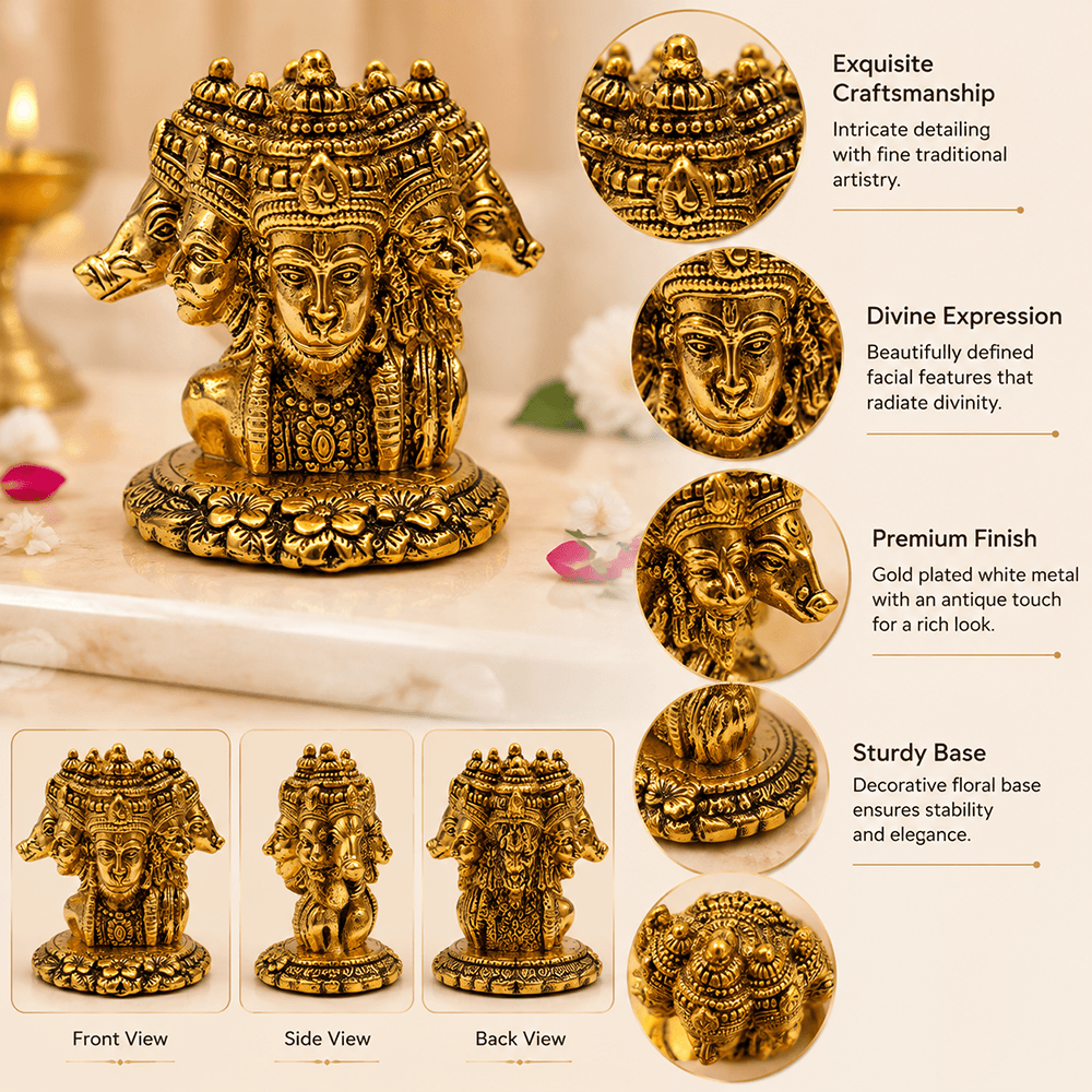Panchmukhi Hanuman Idol - Features Infographic with Front Side Back Views