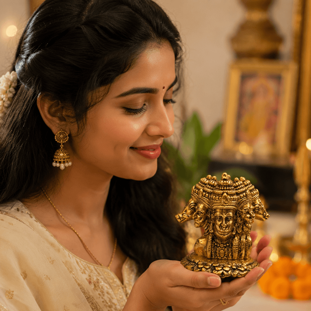 Panchmukhi Hanuman Idol in Pooja Setting with Diyas and Rose Petals