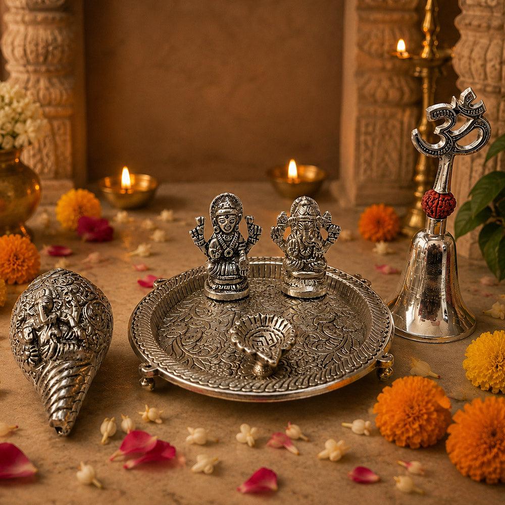 Exquisite Craftsmanship infographic – Pooja Set features and spiritual significance