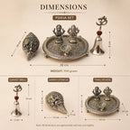Pooja Set dimensions – Thali 14cm, Sankh 12cm, Bell 13cm, total weight 900g