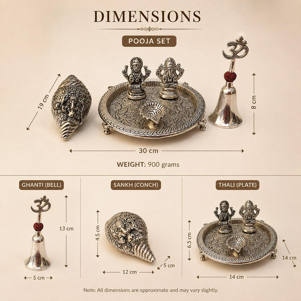 Pooja Set dimensions – Thali 14cm, Sankh 12cm, Bell 13cm, total weight 900g