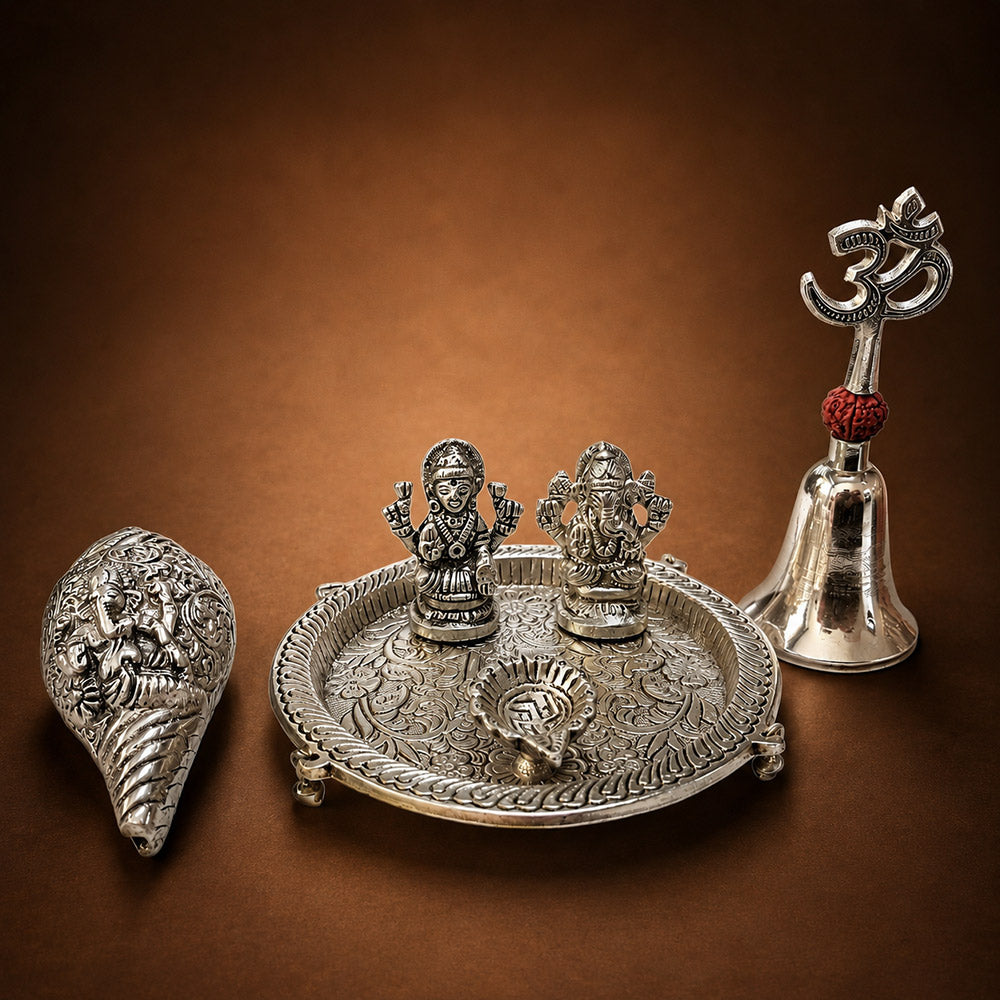 Silver-Plated Pooja Set in teal velvet gift box with gold satin lining