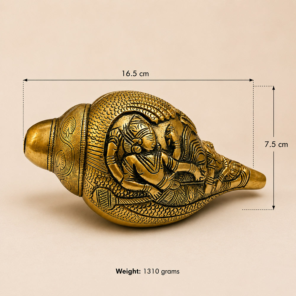 Vishnu Lakshmi Brass Shankh – close-up of Lakshmi engraving detail