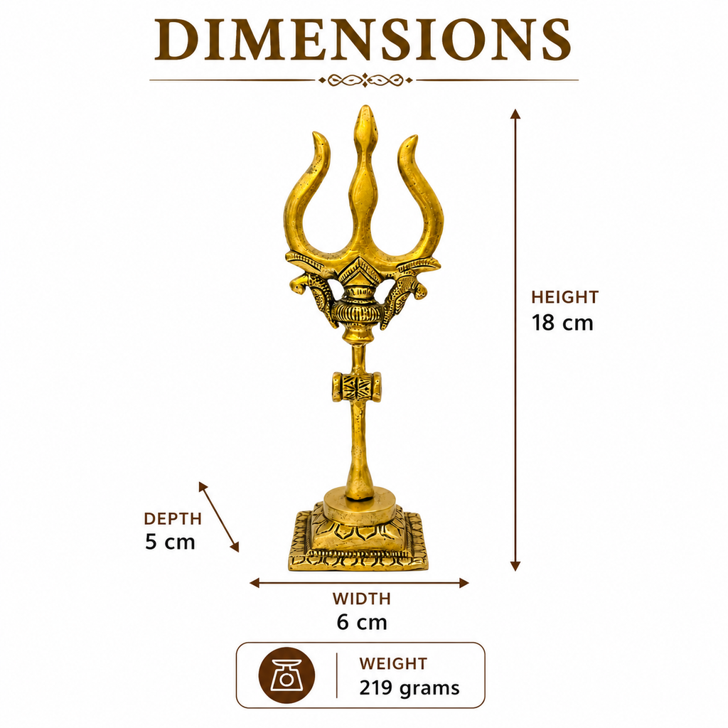 Brass Trishul on Stand - dimensions chart