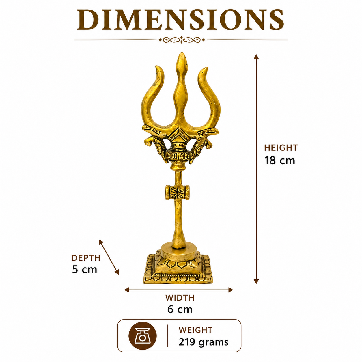 Brass Trishul on Stand - dimensions chart
