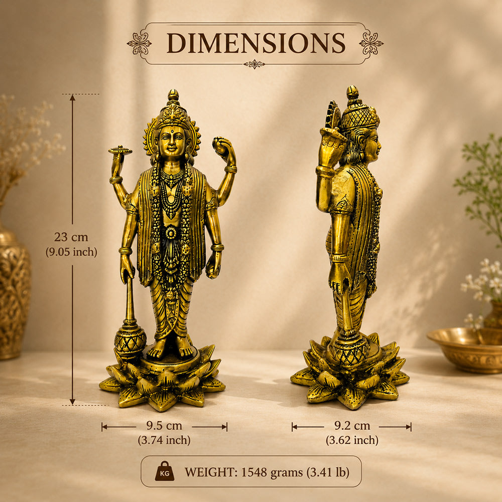 Lord Vishnu brass idol — front view on white background