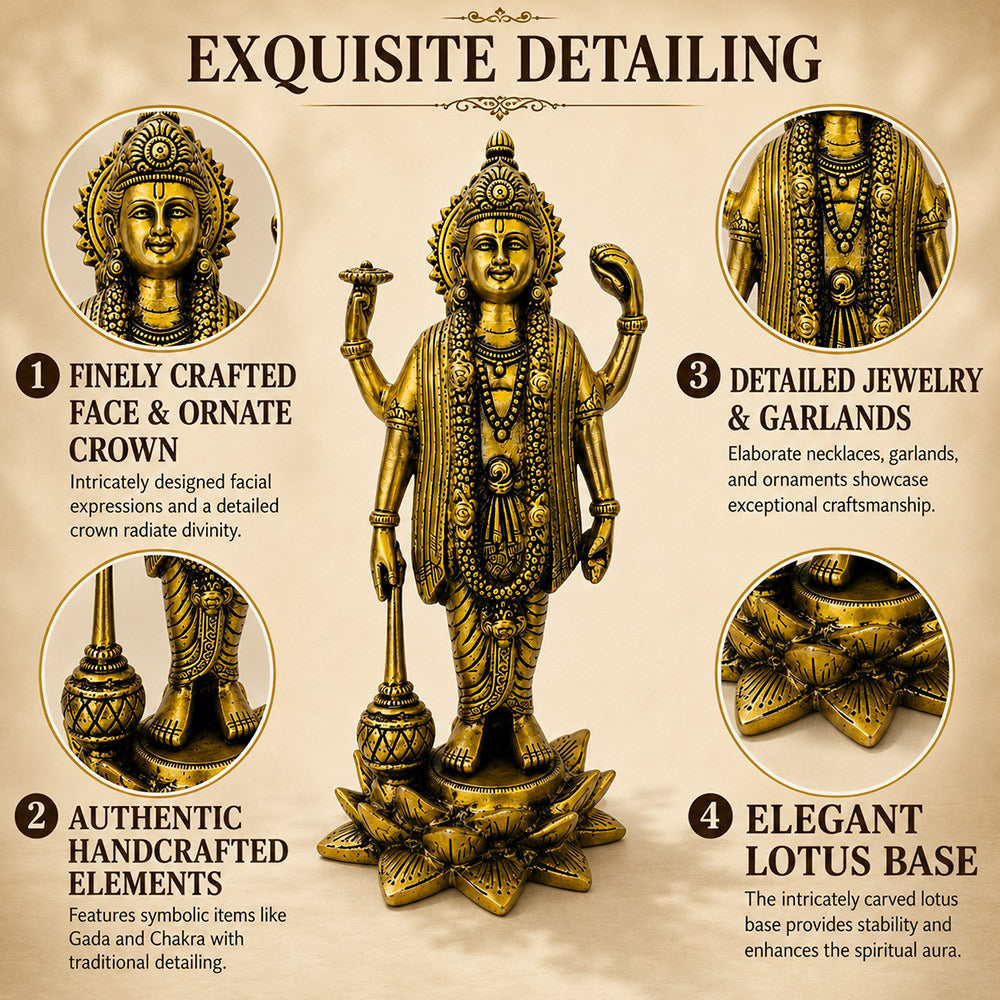 Lord Vishnu brass idol — exquisite detailing infographic showing crown, gada, jewelry and lotus base