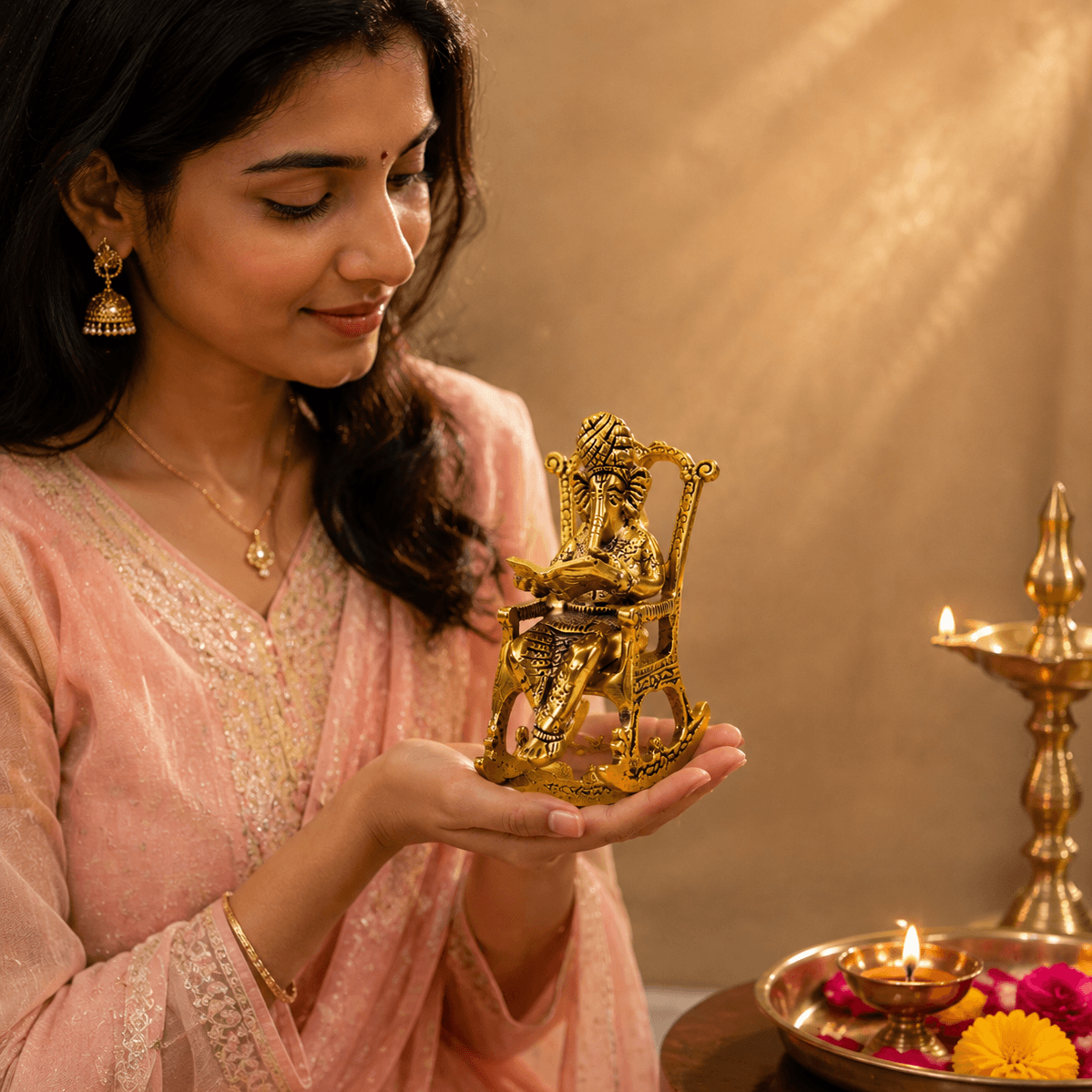 Ganesha Rocking Chair Idol in Pooja Setting with Diyas
