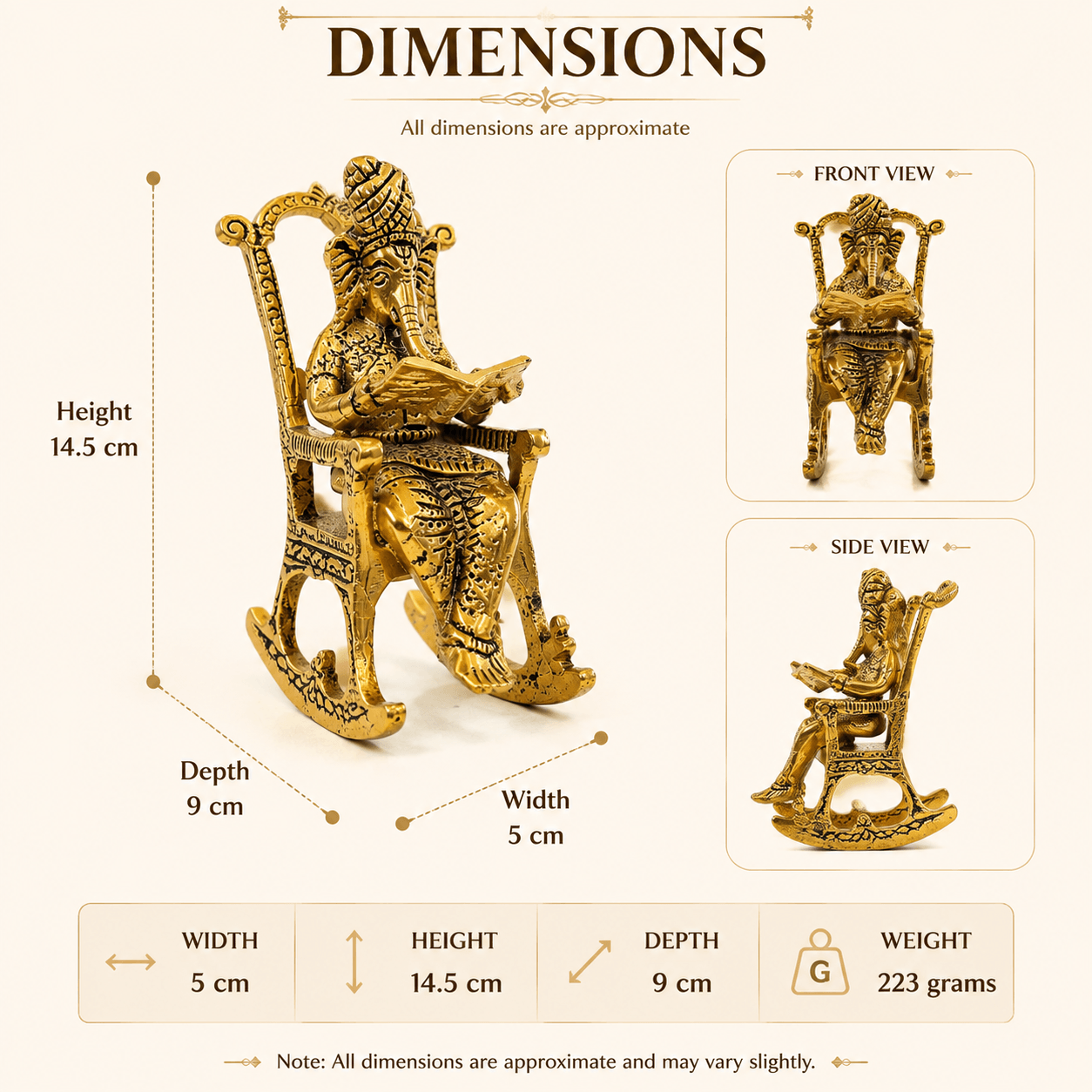 Ganesha Rocking Chair Idol - Dimensions Infographic 14.5cm x 5cm x 9cm