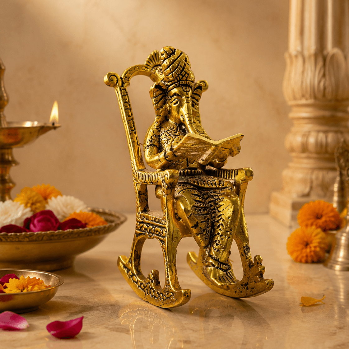 Ganesha Rocking Chair Idol - Lifestyle Shot with Devotee